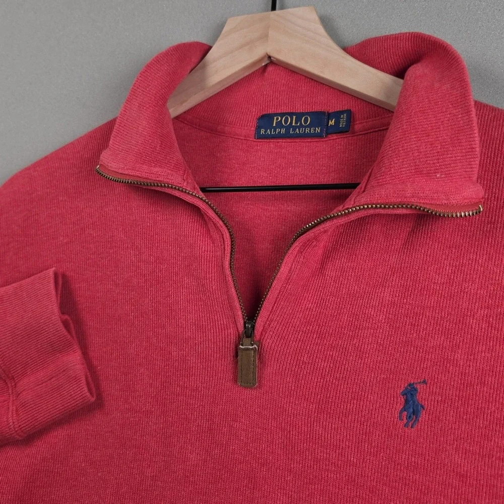 Polo Ralph Lauren Quarter Zip Pullover Sweater Red Mens Size Medium Leather Pull
